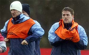 England captain David Beckham and Michael Owen train at the Slaley Hall Hotel near Newcastle 