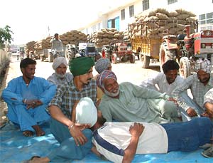 Potato farmers wait for their turn near a cold store