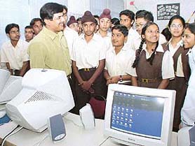 Mr S.P. Arora, SDM, interacts with students after launching a school website in Mount Carmel School, Sector 47, Chandigarh