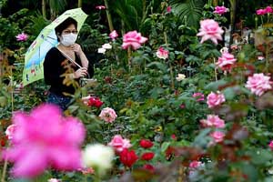 A woman wears a mask to protect against the pneumonia-like SARS