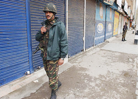 BSF jawans on guard in central Srinagar