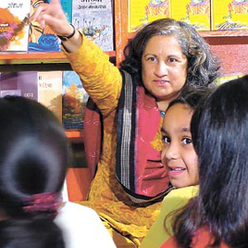Author Bulbul Sharma interacting with children during the launch of her book