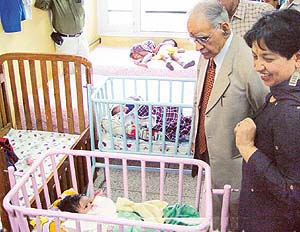 Karnataka Governor T.N. Chaturvedi during a visit to Shishu Graha at Bal Niketan, Panchkula, along with the honorary secretary of the home, Dr Madhu Sharma