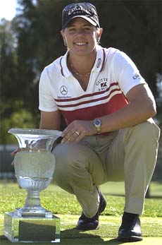 Annika Sorenstam of Sweden poses with her trophy