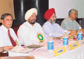 Mr B. Mishra, Project Director, DDR, Mr Amarjit Samra, Minister of State for Agriculture, Dr K. S. Aulakh, PAU Vice-Chancellor, Dr G. Kalloo