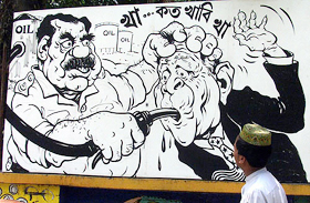 A resident passed by a cartoon painted by students of Fine Arts Institute of Dhaka University at a streetside wall in Bangladesh capital Dhaka.