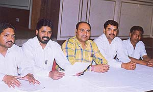 Mr Vijay Danav, national convener of the Bhartiya Valmiki Dharam Samaj, along with other office-bearers, gives details of the two-day delegate session at a press conference in Ludhiana