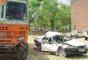This is what remains of the car that collided with a truck at the Sector 26 traffic lights in Chandigarh on Sunday.