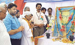 Bharatiya Valmiki Dharma Samaj members pay tributes to Dr B.R. Ambedkar in Chandigarh on Monday.