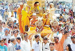 Devotees hold a procession on the occasion of Mahavir Jayanti in Chandigarh on Tuesday.