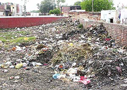 Heaps of garbage, including polythene, dumped in an open area with boundary wall between Palsora village and Colony.