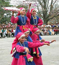 Girls present a dance on the occasion of Himachal Day in Shimla on Tuesday