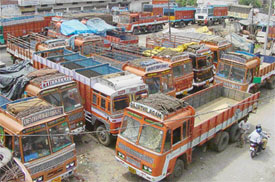 Trucks parked in Transport Nagar on the third day of the indefinite nationwide strike