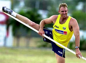 Australian batsman Matthew Hayden stretches during a training session in Port-of-Spain 