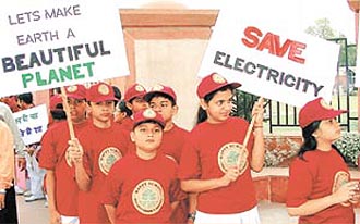 Happy School children make a human chain during the golden jubilee celebrations