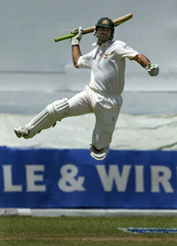 Australia's Ricky Ponting celebrates his first double century