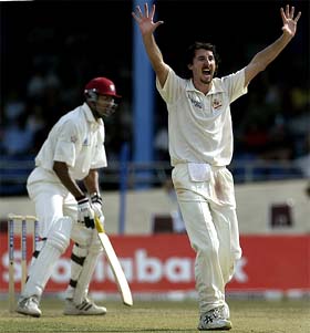 Australia's Jason Gillespie appeals for an LBW decision against Mervyn Dillon of the West Indies