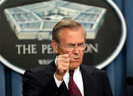 US Secretary of Defense Donald Rumsfeld makes a point during a briefing at the Pentagon 