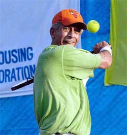 Film actor Naseeruddin Shah plays tennis at the Trishank Memorial AIIA  55th Veterans championship 2003 in Mumbai 