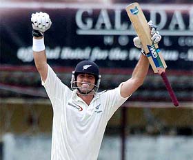 New Zealand captain Stephen Fleming celebrates his double century against Sri Lanka