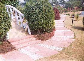 The pathway from the gate to the lawn can be adorned with shrubs and flowers