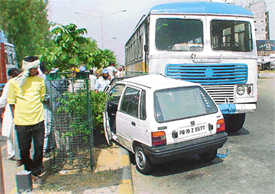 Parents of former Mayor, Mr Apinder Singh , were travelling in the car which collided with a bus near Verka Milk Plant