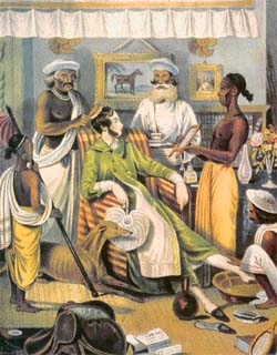 A young Revenue Officer getting ready for work (Original by William Tayler in Sketches illustrating the manner and customs of Indian and Anglo-Indians, London, 1842; British Library