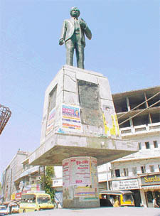 The pedestal on which the statue of martyr Kartar Singh Sarabha stands in Clock Tower Chowk