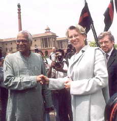 France Defence Minister Michele Alliot Marie with Defence Minister George Fernandes