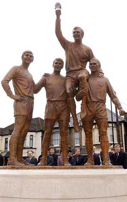 A statue of the members of England's 1966 soccer World Cup winning team was unveiled by Britain's Prince Andrew