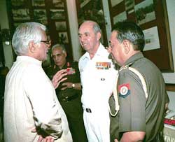 Defence Minister George Fernandes with the Army chief, Gen. N.C. Vij, and the Navy chief, Admiral Madhvendra Singh, prior to the Army Commanders conference in New Delhi on Tuesday.