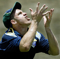 Australia�s Matthew Hayden waits to catch a ball during team training at Cave Hill grounds in Barbados on Tuesday.