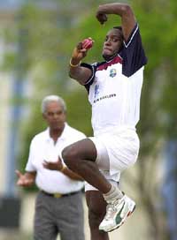 Jermaine Lawson bowls during a team practice at the University of the West Indies in Barbados on Wednesday.