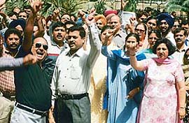 Bank officers hold a protest rally as part of the nationwide strike in protest against the delay in wage revision at Sector 17