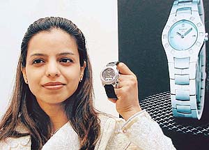 Ms Sharmili Rajput, brand manager of Tissot India, displays the latest creation �T-touch� watch at Ethos in Sector 8, Chandigarh, on Tuesday. 