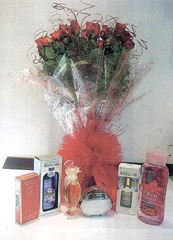 Celebrating Mother�s Day with flowers accompanied by a beauty product