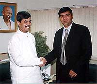 Civil Aviation Minister Syed Shahnawaz Hussain with his Afghan counterpart Mirwais Sadiq 