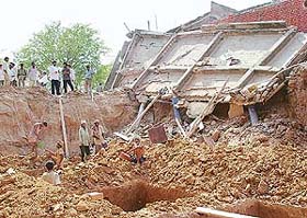 The verandah roof that caved in the Sector 22 Bajwara market in Chandigarh on Thursday. 