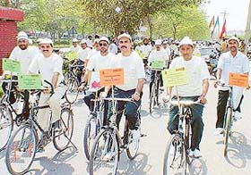 Markfed employees take part in a cycle rally to mark World Thalassaemia Day at Chandigarh on Thursday.