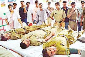 Haryana Police personnel donate blood at a camp organised by the Red Cross Society at Bal Bhavan Sector 15, Panchkula, on Thursday.