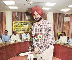 Navjot Singh Sidhu, brand ambassador of the State Bank of Patiala, at a function in Chandigarh on Friday.