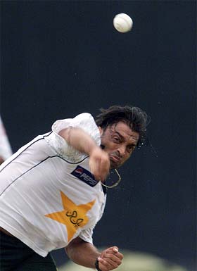 Pakistani fast bowler Shoaib Akthar bowls at the nets 