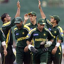 Pakistan players celebrate their 79-run victory over Sri Lanka in a one-day cricket match 