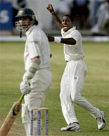 West Indies bowler Jermaine Lawson celebrates after he got his seventh wicket