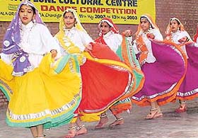 Students of DAV Senior Secondary School, Sector 8, Panchkula, perform at a dance competition at Kala Gram