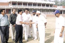 Former Indian Test opener Chetan Chauhan meeting the Haryana players before their match against Gujarat in the fifth National Inter-State Veterans Cricket Championship