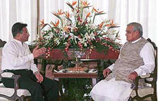 Prime Minister Atal Bihari Vajpayee holding talks with Pakistan President General Pervez Musharraf at Agra�s Jaypee Palace on July 15, 2001