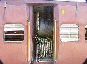 Blocked lifeline: An exit door blocked with luggage on the Guwahati-Jammu Mail in Ludhiana on Saturday.