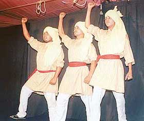 Artistes of the Lok Kala Manch, Mullanpur, pay  tributes to martyr Sukhdev at a function organised in Naughara,Chaura Bazar.