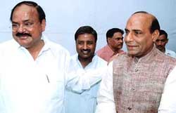 BJP President M. Venkaiah Naidu with his General Secretary Rajnath Singh and UP BJP President Vinay Katiyar after a press conference at BJP office in Lucknow on Sunday.